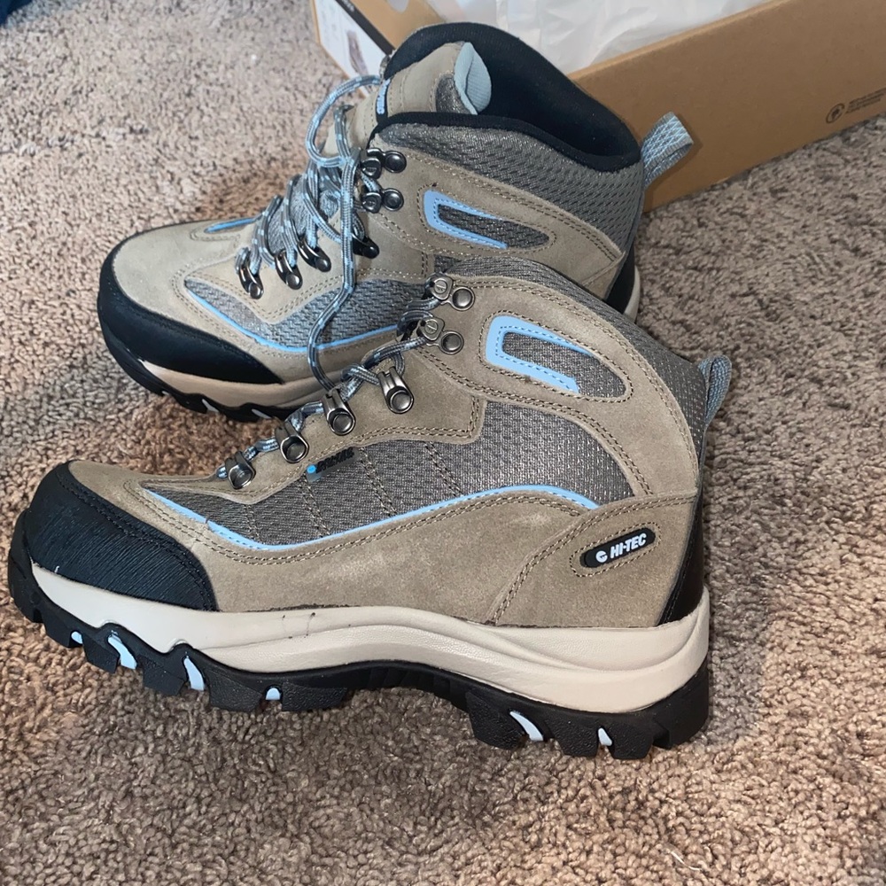 Brown with light blue accent hiking boots
